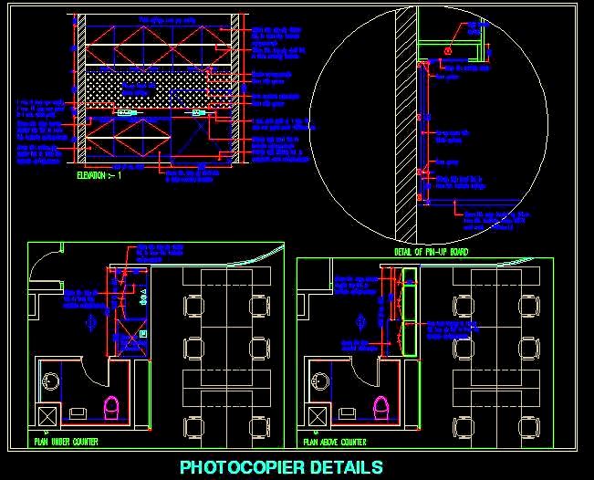 Office Printing Area CAD Detail with Storage and Pin-Up Board